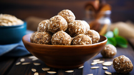 Raw peanut butter oats linseed chia seed energy balls with - obrazy, fototapety, plakaty