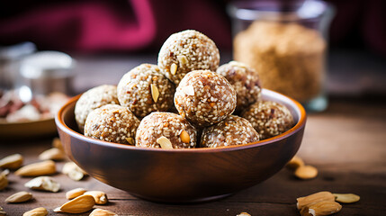 Raw peanut butter oats linseed chia seed energy balls with - obrazy, fototapety, plakaty