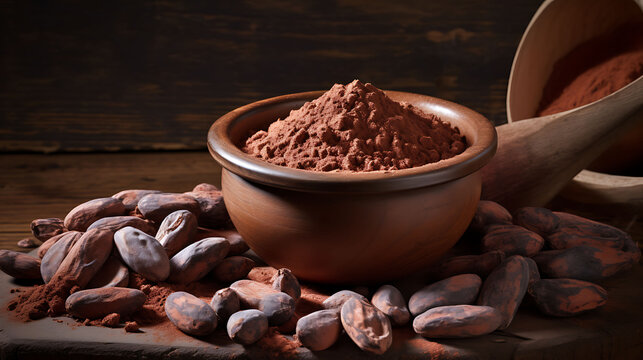 Raw cocoa beans, clay bowl with cocoa powder. Cocoa powder in a bowl and cocoa beans on wooden background
