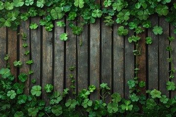 Fototapeta na wymiar rustic wooden background with a Saint Patrick's Day theme and many wooden slats with shamrock leaves