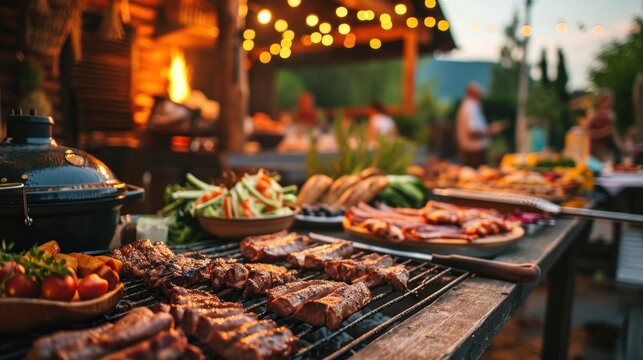  a bbq filled with meat and vegetables on top of a wooden table next to a pot of broccoli.