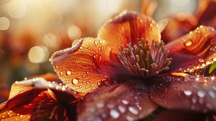  a close up of a flower with drops of water on it and a boke of light in the background.