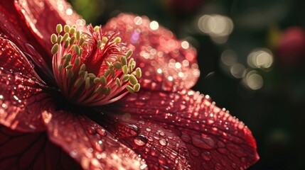  a close up of a red flower with drops of water on it's petals and a blurry background.