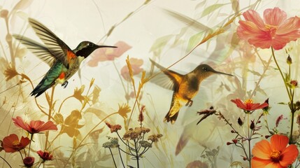  a painting of two hummingbirds flying over a field of wildflowers and wildflowers with red flowers in the foreground.