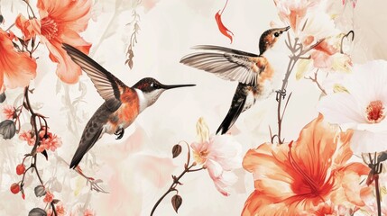  a painting of two hummingbirds flying over a flowery branch with red and white flowers in the foreground.