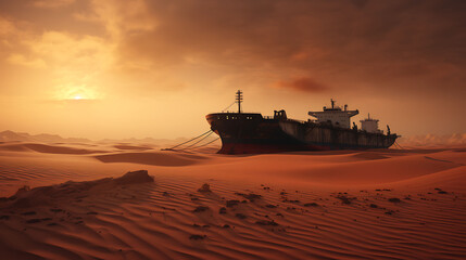 Obraz premium Ship oil tanker in the middle of the desert.