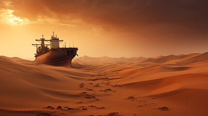 Fototapeta na wymiar Ship oil tanker in the middle of the desert.