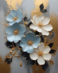 Blue and White Floral Symphony with Golden Highlights - Luxurious Flower Illustration; Ideal for Opulent Event Backdrops, Premium Home Decor, and Exclusive Branding; with Copy Space.