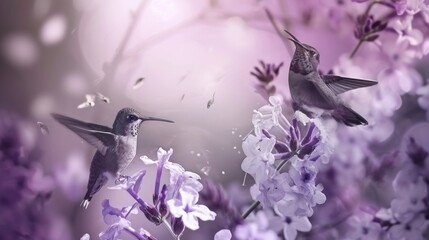  a couple of hummingbirds flying over a bunch of purple flowers on a purple and white flower filled sky background.