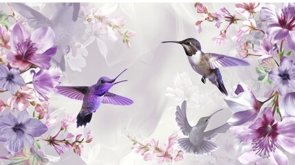 a couple of birds flying next to a bunch of purple and white flowers on a white and purple wallpaper.