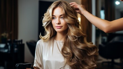 Naklejka premium A satisfied smiling client is a woman with long hair in a beauty salon. Small business in the service sector, work, hobbies, profession, beauty and care concepts.