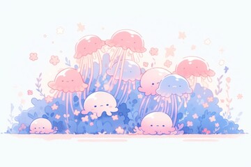  a group of jellyfish sitting on top of a pile of blue and pink jellyfish under a blue sky.