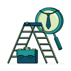 pixel line art of stairs with briefcase and magnifying glass on a tie. climbing career ladder and position in job vacancies. Can be used for ads, website, web, flyer, brochure, advertisement, ads