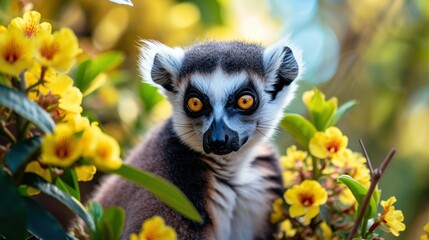  a close - up of a ring tailed lemur looking at the camera with yellow flowers in the foreground.
