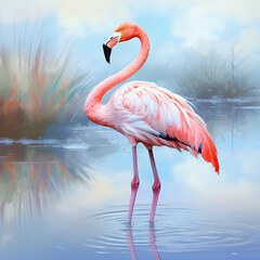 An elegant flamingo wading through a beatiful view