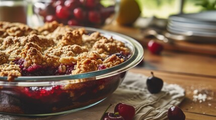  a close up of a pie in a bowl on a table with cherries and a glass bowl of cherries in the background.