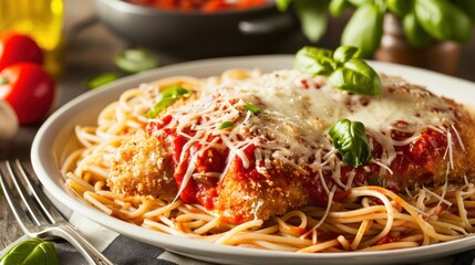  a plate of spaghetti with meatballs and parmesan cheese on a plate with a fork next to it.