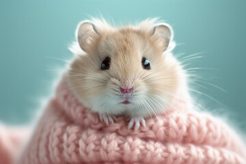 A depiction of a knitted Hamster, on a pastel coloored backgrond.