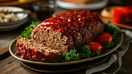  a meatloaf covered in ketchup on a plate with tomatoes and lettuce on the side.