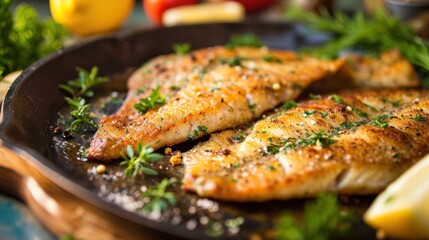  a close up of fish in a pan with lemon wedges and parsley on the side of the pan.