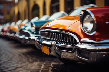 Colorful retro cars parked in a row. Classic cars in a row. Retro exhibition of an old motor...
