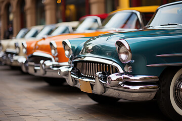 Colorful retro cars parked in a row. Classic cars in a row. Retro exhibition of an old motor vehicle.