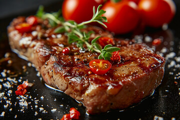 Freshly grilled medium rib eye steak with rosemary and pepper
