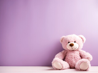 Teddy bear on a purple background. Copy space