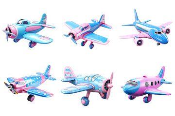 Set of Non-reflective cute cartoon airplane, blue and pink 3D on a transparent background