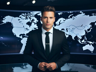A photo of a tv news presenter on a popular channel. live stream broadcast on television. handsome white american british guy in a suit. weather forecast in studio. world map background