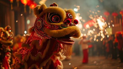 New Year's Lion Dance Spectacle. AI generated illustration