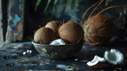  a bowl of coconuts sitting on top of a table next to a couple of coconuts on top of a table.