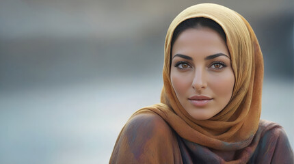 Beautiful Muslim woman smiling and laughing wearing a hijab and decorated shawl