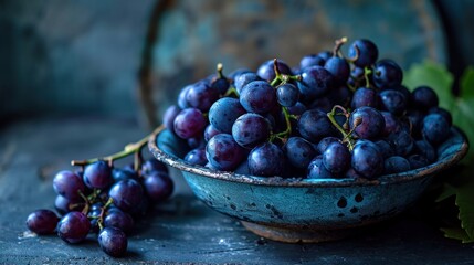 a blue bowl filled with purple grapes next to a bunch of green leaves and a leafy green leafy plant.