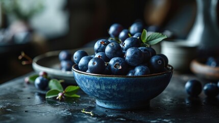  a bowl of blueberries sitting on a table next to a plate of blueberries and a vase of flowers. - obrazy, fototapety, plakaty