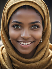 Beautiful Muslim woman smiling and laughing wearing a hijab and decorated shawl