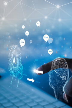 Chatbot conversation Ai Artificial Intelligence technology online customer service.Digital chatbot, robot application, OpenAI generate. Futuristic technology.Virtual assistant on internet, vertical	