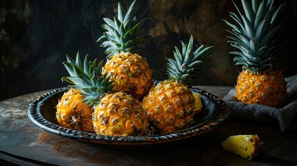  a plate of pineapples sitting on a table with a slice of pineapple on the side of the plate.