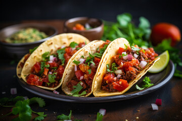 Mexican tacos with beef in tomato sauce and salsa Generative AI