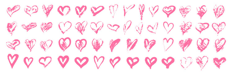 Big set of hand drawn hearts.Love symbol with dry brush painting, isolated.Vector collection of grunge pink hearts.