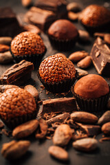 Homemade sweetmeats with chocolate bars and cocoa beans