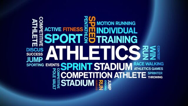 Athletics animated tag word cloud;text design animation kinetic typography seamless loop.
