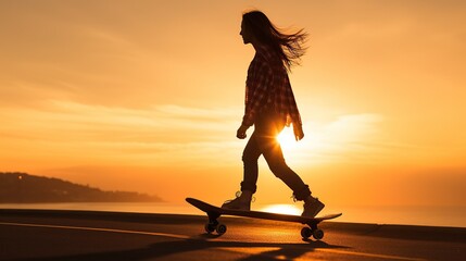 portrait of woman, a girl riding a longboard, skateboard, on the highway. against the backdrop of the sunset,