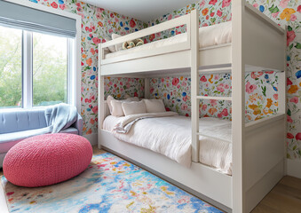 Playful Children's Bedroom with Bunk Beds, Stuffed Animals, and Vibrant Wallpaper - A Colorful Haven for Little Ones