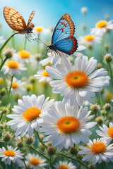 Obraz premium Flowers in a field near mountain and butterflies