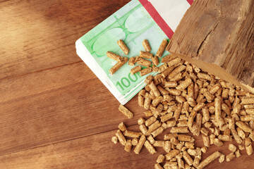 Euro banknotes and wood pellets close up