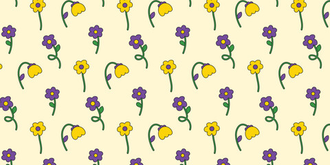 Seamless pattern with multicolored flowers collection in retro groovy style. 70s, 80s, 90s vibe. Trendy hand drawn flowers. Vector illustration. Botanical floral elements. 