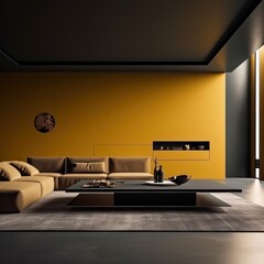  a living room with a couch, coffee table, and a television on a stand in front of a yellow wall.