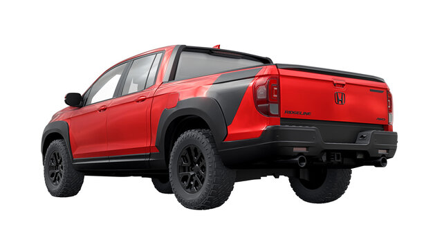 USA, Miami. December 14, 2023. Honda Ridgeline 2022. Red mid-size pickup truck car on a white background. 3d illustration.