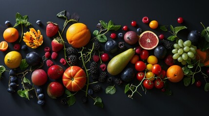  a number of different fruits and vegetables on a black surface, including oranges, raspberries, lemons, grapes, and strawberries.